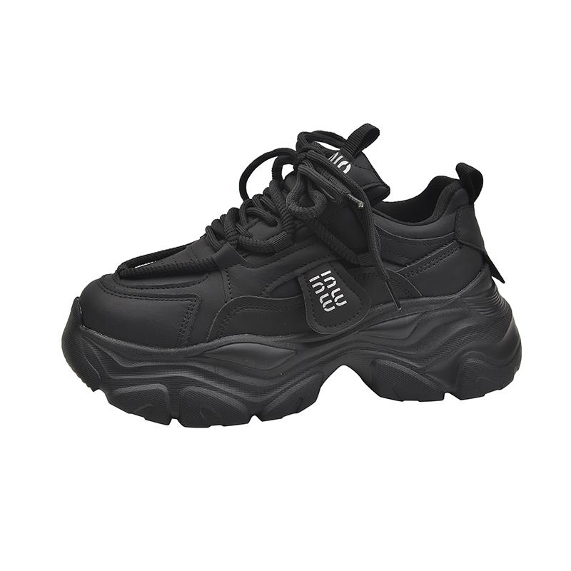 2025 High Platform Sneakers Women Leather Dad Shoes Women Black Chunky Sneakers Thick Sole Shoes Fashion Height Increasing Shoes