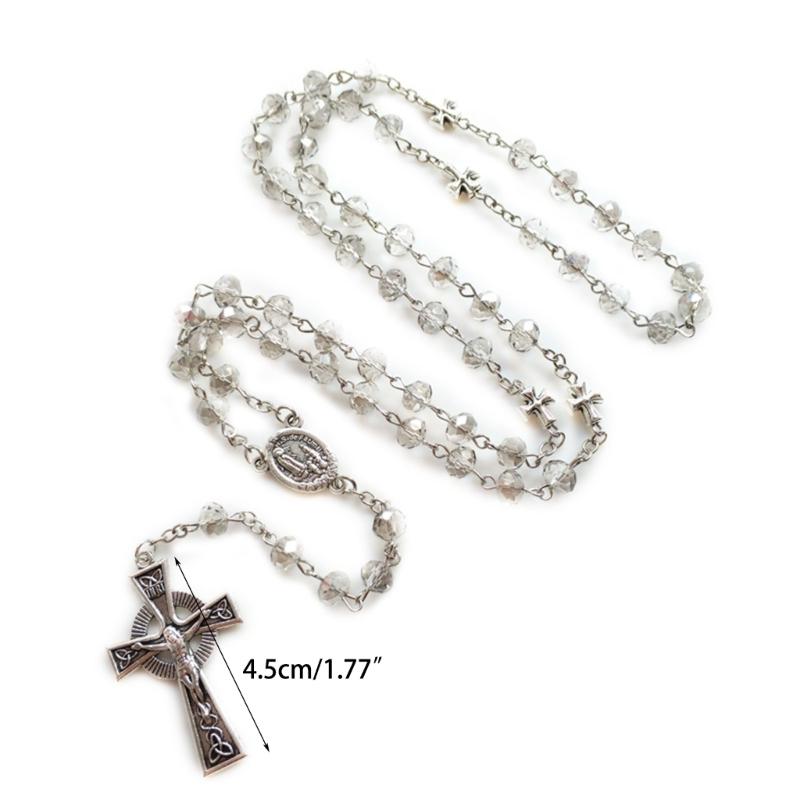 Gray Crystal Rosary Necklaces Catholic Crucifix Cross Pendant Long Necklaces Religious Jewelry for Women Men Gift