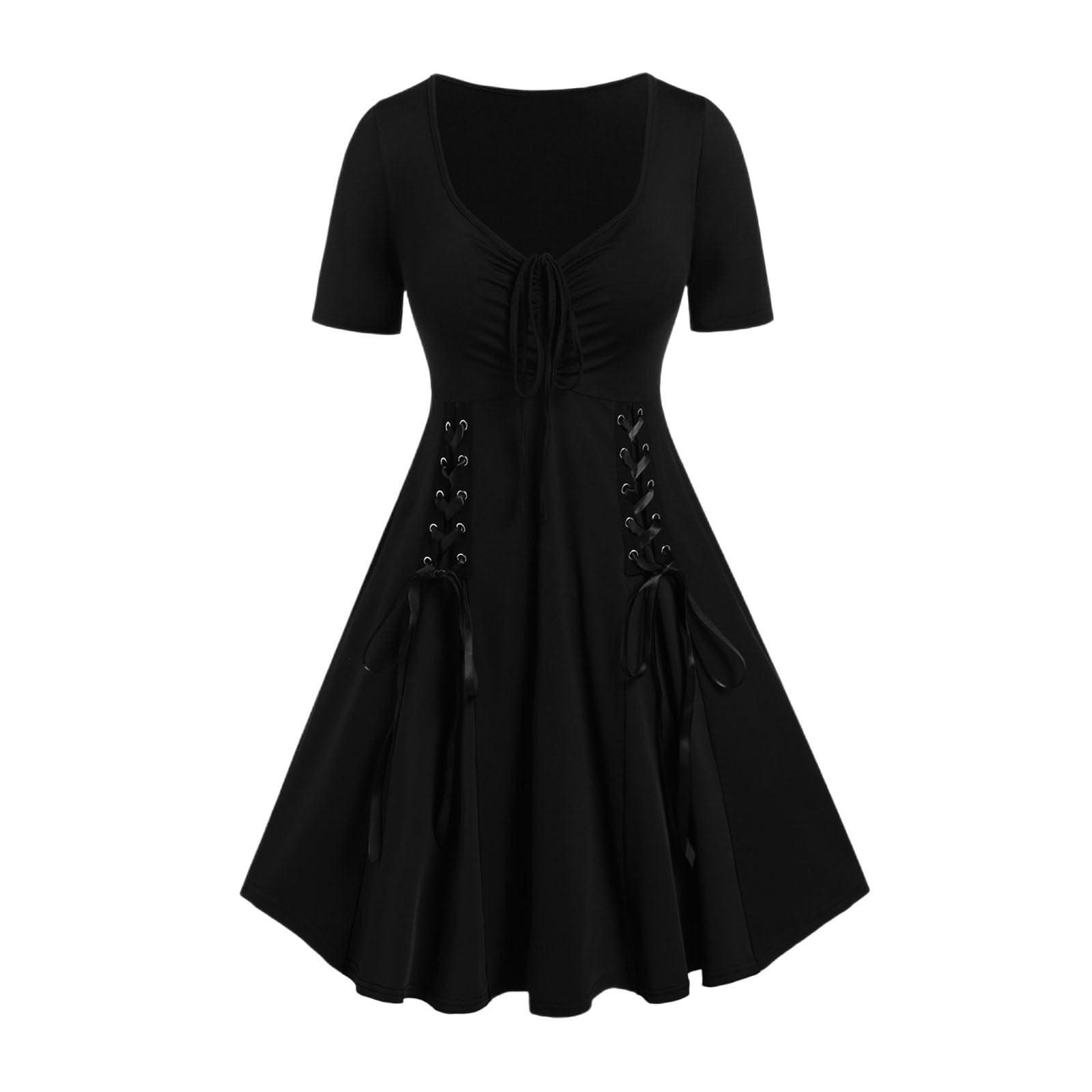 

Женское готическое винтажное платье Готическое женское платье с коротким рукавом, присборенным V-образным вырезом, А-силуэта XXL чёрный