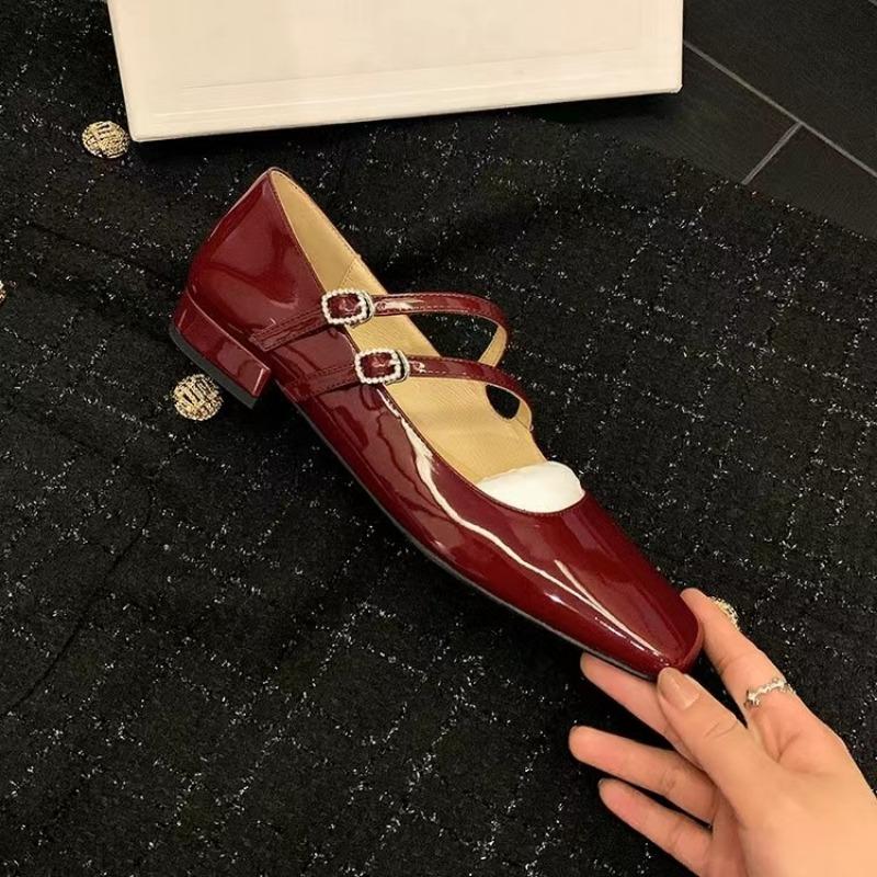 Fashion Spring New Single Shoes Women's Square Head Shallow Mouth One Word Buckle Soft Sole Anti-slip Wear-resistant Low Heel Shoes