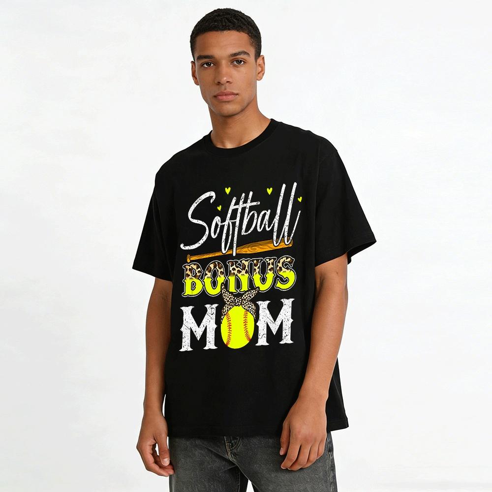 Softball Bonus Mom Leopard Print Baseball Bat Graphic Tee Pure cotton T-shirt