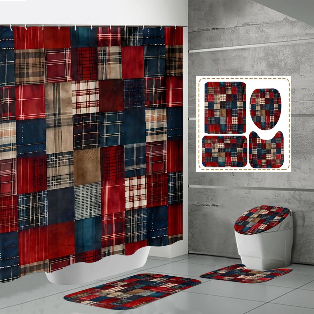 4PCS  Shower Curtain Sets With Shower Curtain And Rugs Toilet Lid Rug U Shape Mat And Bath Mat Bathroom Set  With 12 Hooks