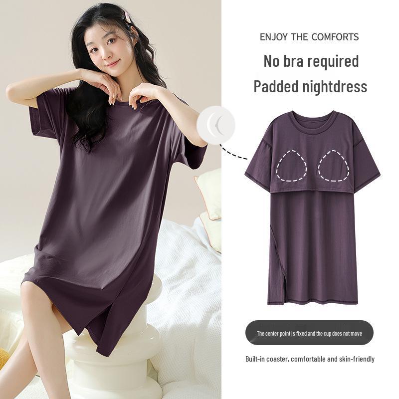 

Женская летняя ночная сорочка с коротким рукавом из ледяного шелка с нагрудными вкладышами L (50-60kg)