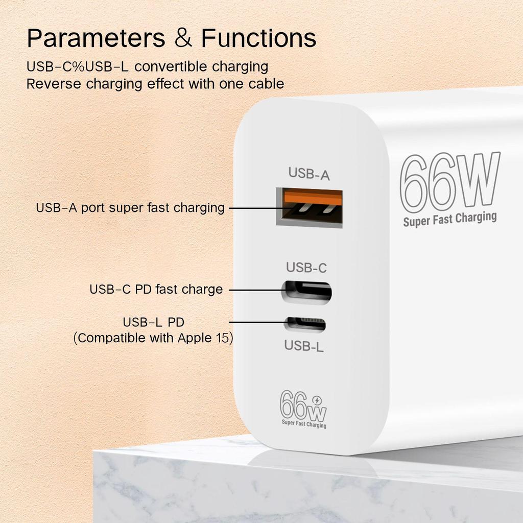 66W Ultra-Fast Charging Adapter with EU/US/UK Plug for Apple, Huawei, Xiaomi Phones