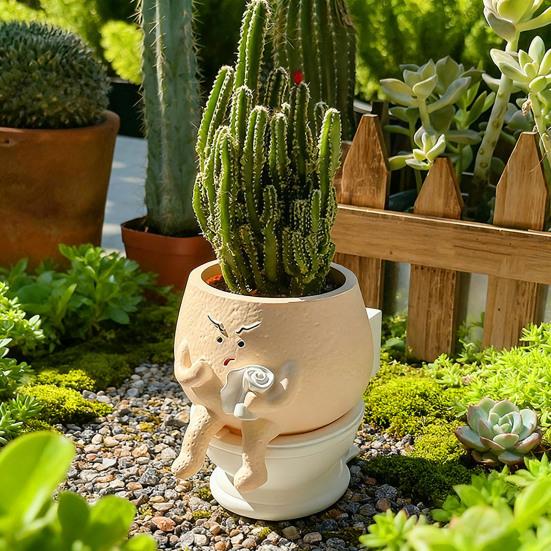 Funny Face Toilet Planter with Drainage Hole for Indoor Plants Cute Face Head Flower Pot for Home Office Balcony Garden