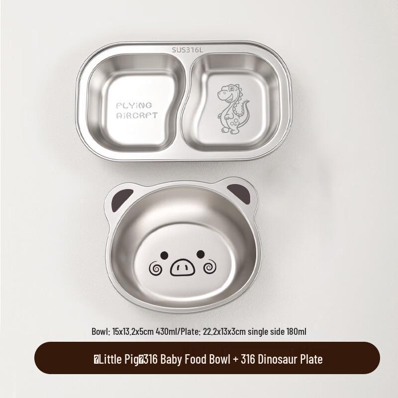 ZISIZ Kids 316 Stainless Steel Piggy Bowl & Dinosaur Plate Set