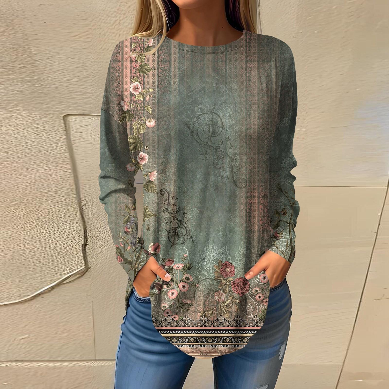 

Футболки для женщин, осенние повседневные рубашки с длинными рукавами, толстовка с ретро-принтом, топ, пуловер XL