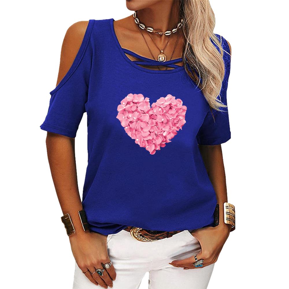 Damenmode Schulterfreies Oberteil Sommer Druck Kurzarm T-Shirt Damen Lässig Rundhals T-Shirt