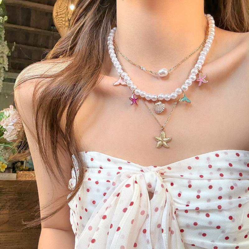 Boho Layered Pearl Starfish Shell Necklace Ocean Theme Choker For Women Summer Beach Vacation Jewelry