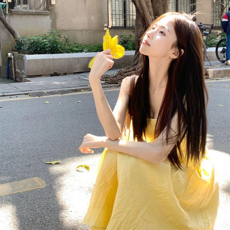 Gentle Wind Yellow Dress Women's Summer Seaside Vacation Wind Suspender Skirt Atmosphere Skirt Temperament a Word Long Dress