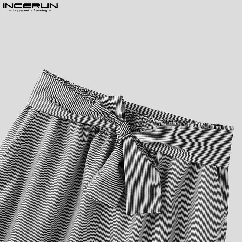 INCERUN Two Piece Suit Summer Men Short Sleeve Front Cross Shirts Bandage Pants Outfits Sets