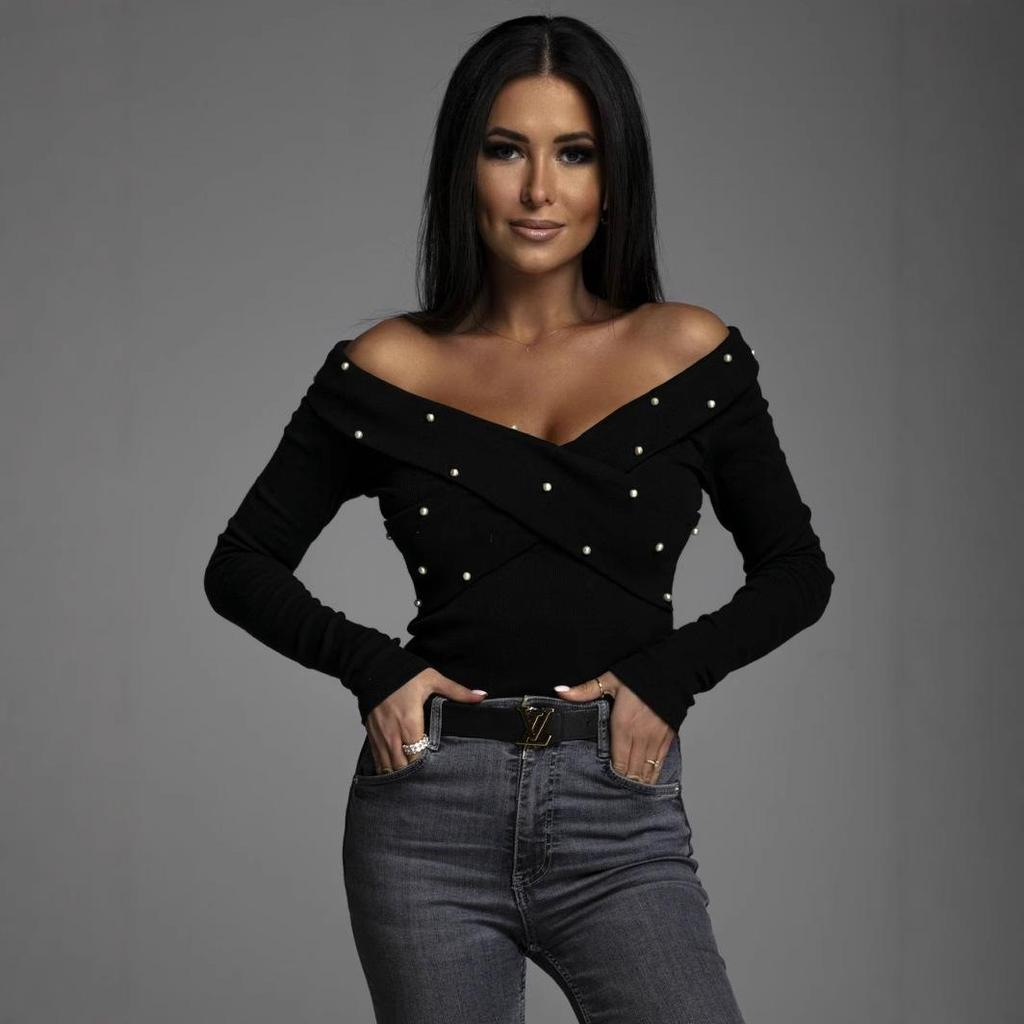 Spring/Autumn 2022 Women's Solid Color Beaded Top