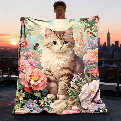 1pc Floral Garden Cat Outdoor Blanket - Soft Flannel Cozy for Travel & Camping - All-Season Warm Bed Cover, Machine Washable Yy251229065
