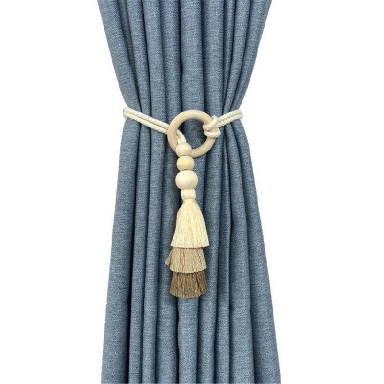 2 Pack Cotton Rope Curtain Holdbacks Ties Decorative Drapery Clip With Fringe and Wooden Beads for Living Room Decors