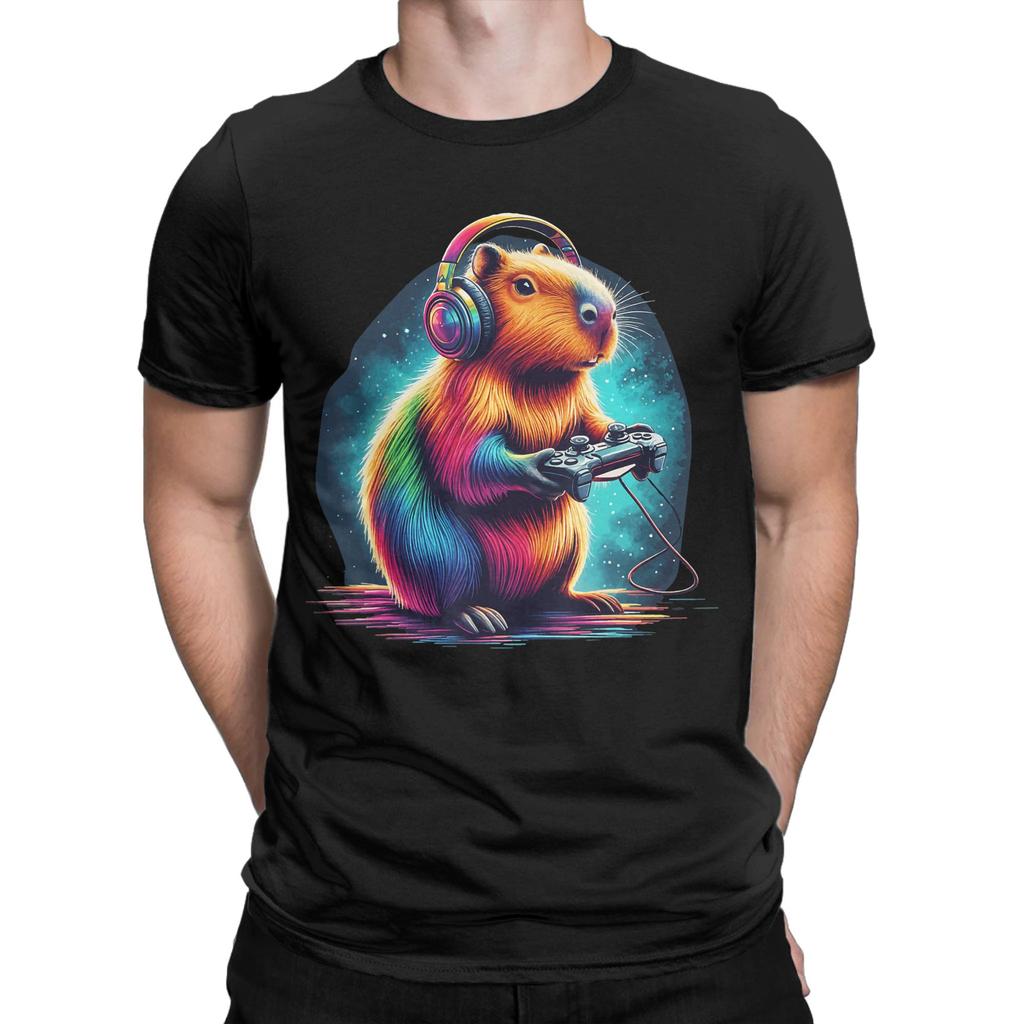Capybara Gaming Video Game Colorful Capybara Gamer T Shirt Summer  Trending T Shirts Men Pure Cotton O Neck Plus Size Tees