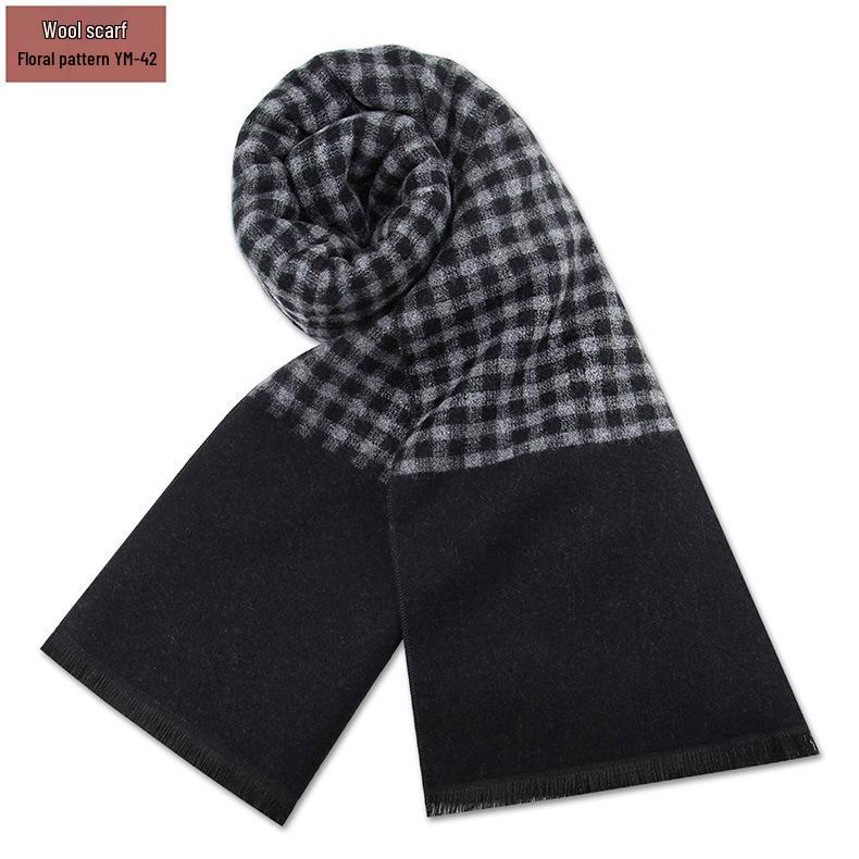 Męski szalik zimowy w czystą szarość w kratę, mieszanka wełny - gruby i ciepły