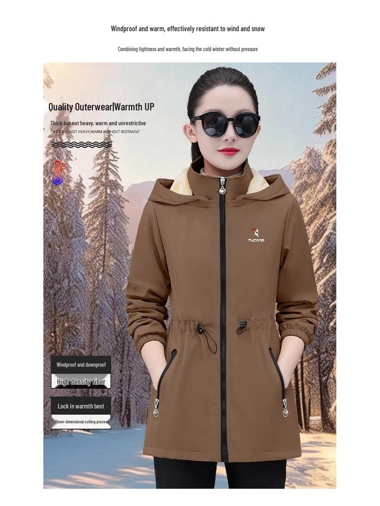 Specht Damen Mittellanger Fleece-Mantel - 2025 Herbst/Winter Warme Verdickte Windbreaker-Jacke