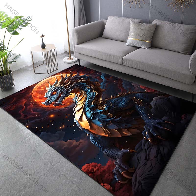 Multiple sizes Blue dragon with full moon Print Carpet Rug for Living Room Bedroom Sofa Doormat Home Decor Non-slip Floor Mat