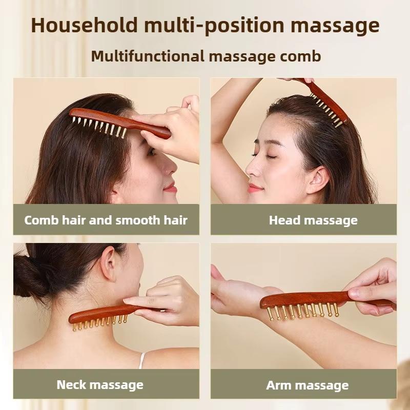 Head Meridians Massage Comb Copper Wood Meridians Comb Needling Guasha Scalp Relax Tools Long Hair Head Therapy Meridian Comb