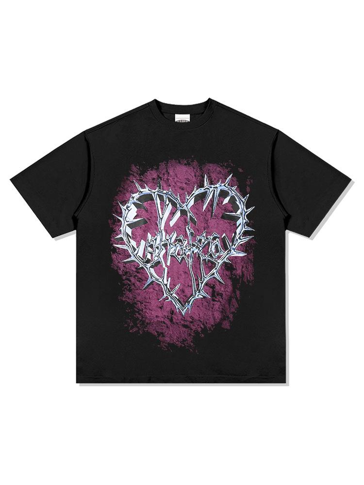 Washed Retro High Street Thorns Small Heavy Vintage Printed Short-Sleeved T-Shirt Retro Neckline Love Bottoming Shirt Cotton