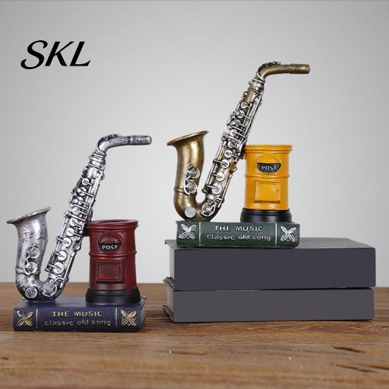 Retro Desk Decor Vintage Saxophone & Violin Pen Holder, Resin Musical Instrument Organizer, Weighted Artistic Organizer Base Pencil Stand for
