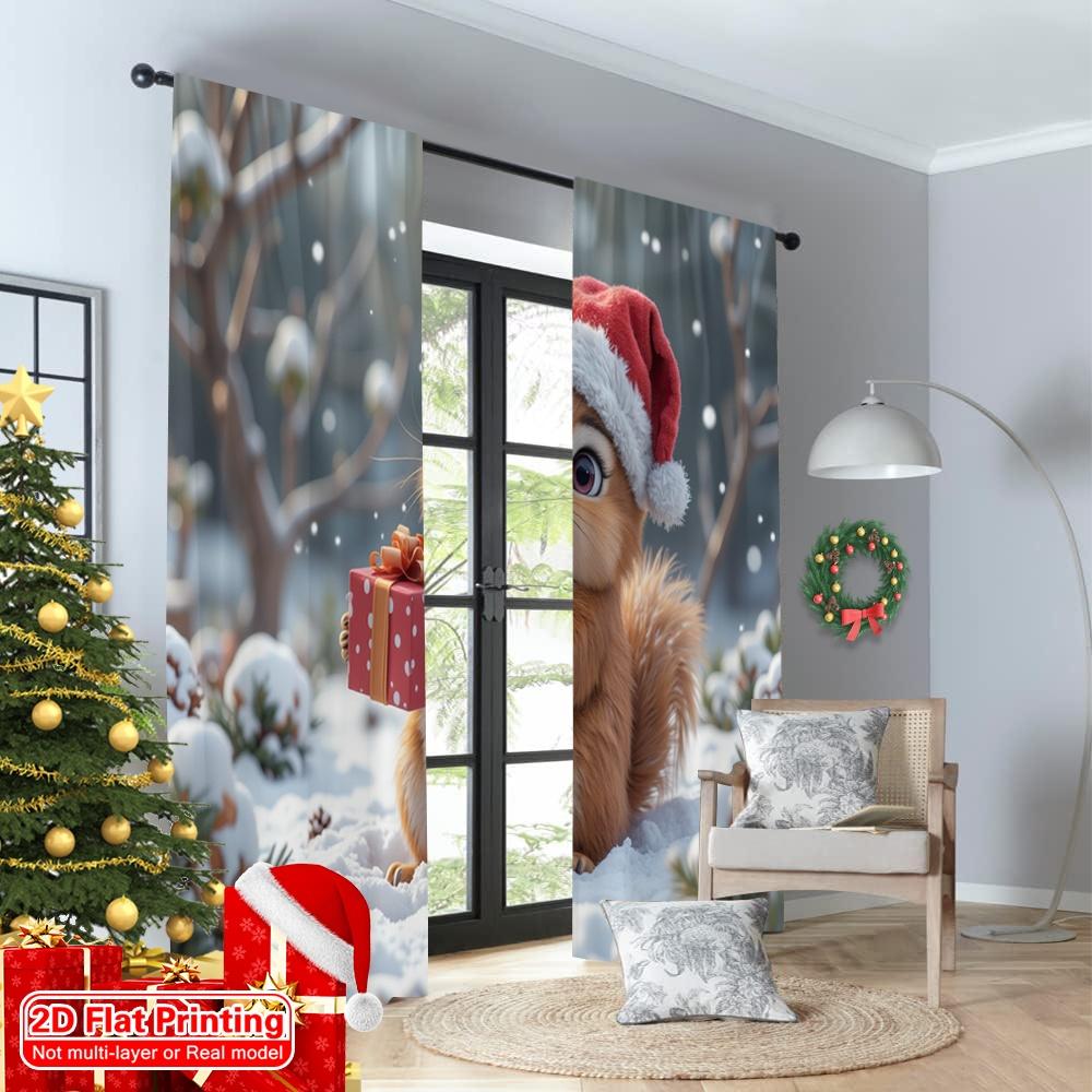 2pcs 2D flat printing Merry Christmas Popular Drapes Cute Squirrel Christmas Gift Fabric Without Electricity Festive Wall Decor