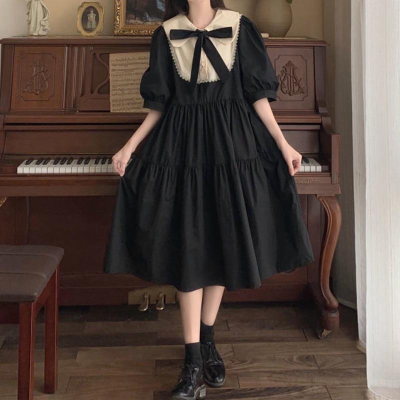 KOSY Puff Sleeve Sundress Women A Line Elegant Vintage Sweet Girl Fashion Midi Dresses Preppy Style Black Dress