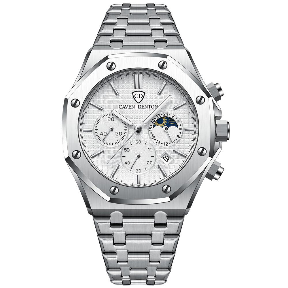 High-End Waterproof Multi-Function Men's Steel Belt Watch with Moon Phase Feature