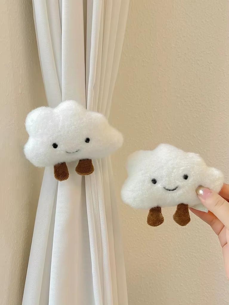 2 szt. Urocze pluszowe białe zasłony w chmurki z klamrą do zasłon do salonu i sypialni, Kawaii elastyczny sznurek z kołnierzykiem, Dekoracja domu