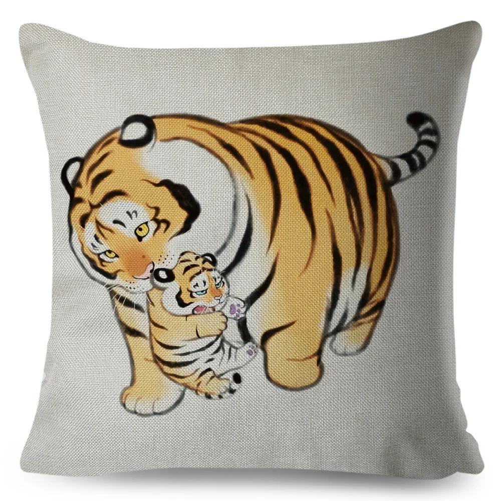 Funny Fat Tiger Cushion Cover Decor Cute Cartoon Animal Pillow Case for Sofa Home Car Linen Chinese Ink Throw Pillowcase