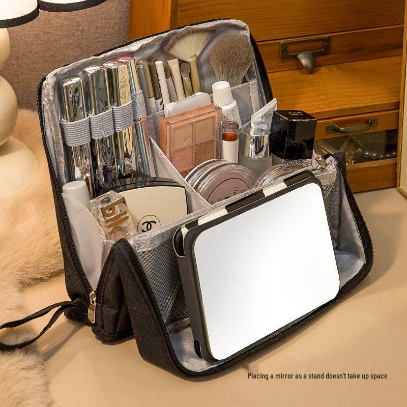 Large Capacity Women's Portable Vertical Cosmetic Bag with Multilayer Storage for Skincare and Travel
