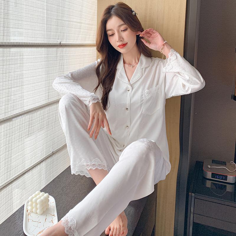 Women's Spring and Autumn Lace Loungewear Ladies 2-piece Long Sleeve Pajamas Set Summer Thin Ice Silk Homewear