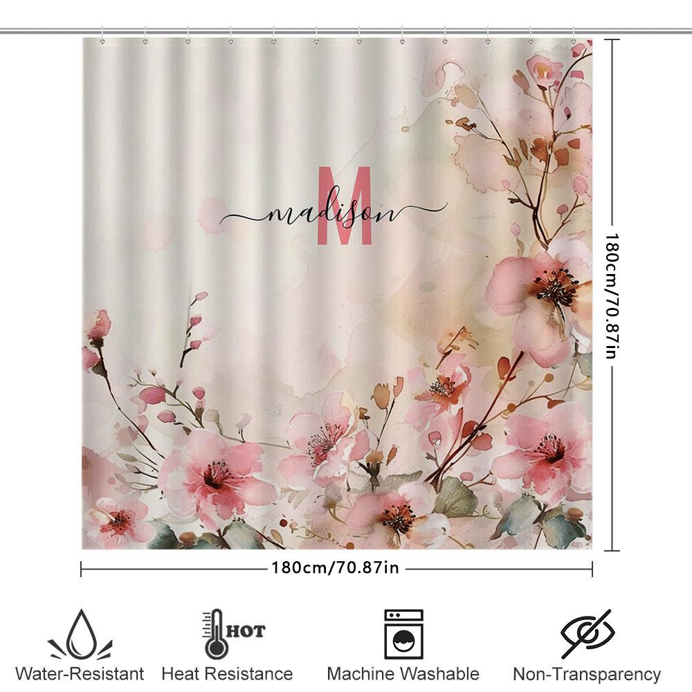Vintage Pink Blossom Bath Curtain Watercolor Style Bathroom Decor For Girls