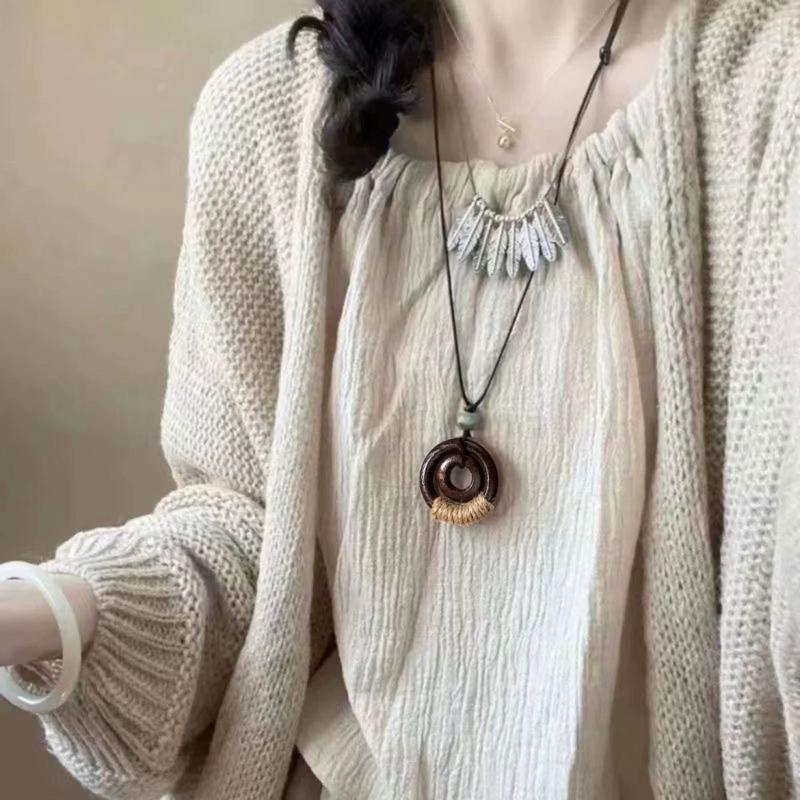 2026 Vintage Neck Chokers Necklace Korean Fashion Jewelry Wooden Pendants "Handmade" Long Necklace for Women Trending Products