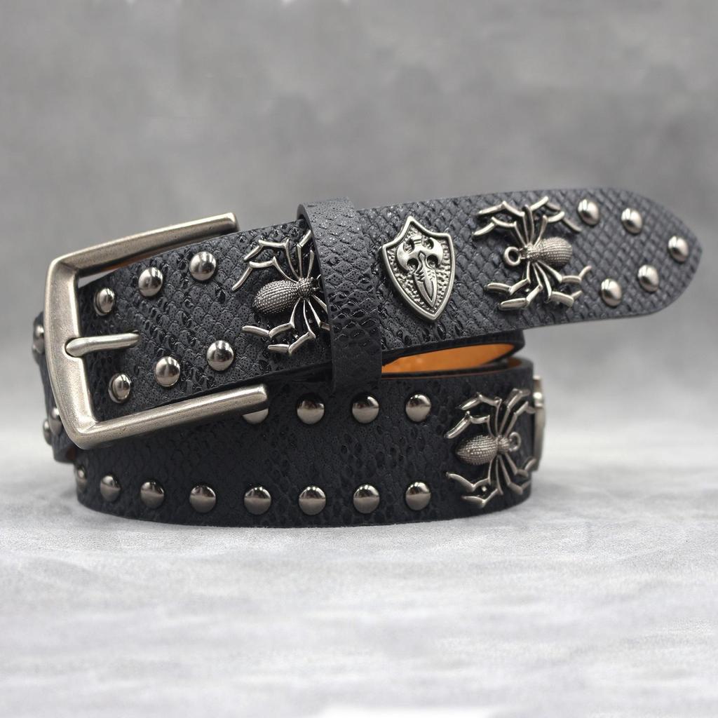 Unisex 7-Color 3D Spider Rivet Leather Belt with Snake Print