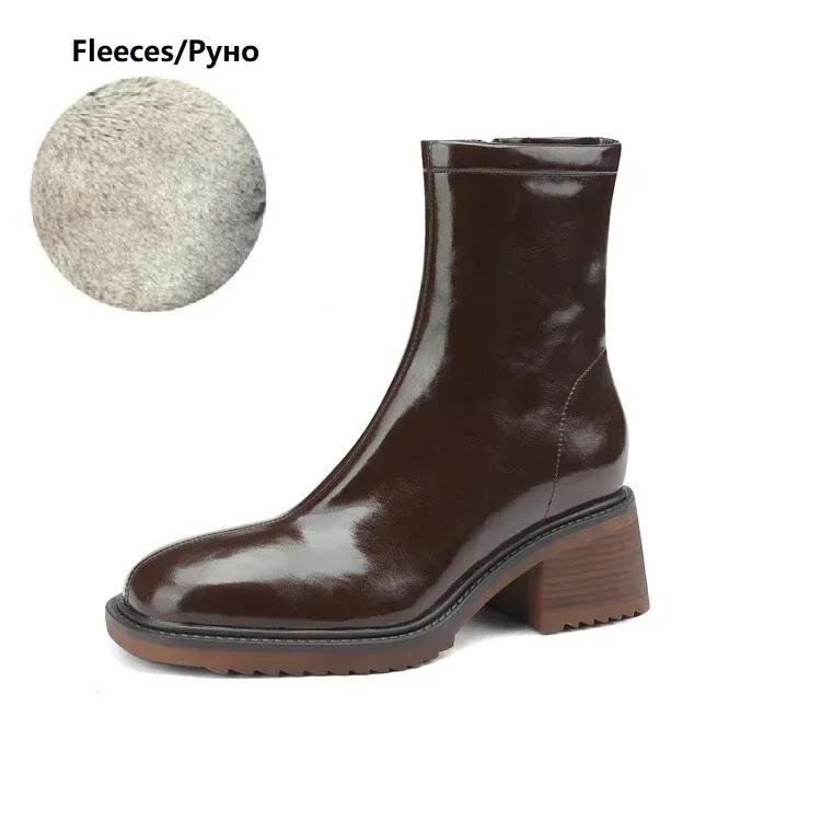 Fashion NEW Autumn/Winter Women Boots Split Leather Shoes for Women Square Toe Chunky Heel Shoes Zip Modern Boots Wool Warm Daily Shoes