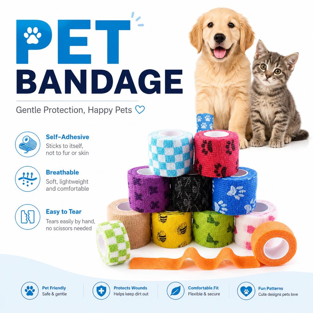 Vendaje Adhesivo Autoadhesivo Transpirable No Tejido de Primeros Auxilios para Perro Gato Mascota