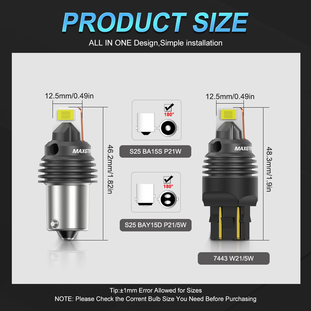 MAXGTRS 2Pcs 1156 P21W 1157 T20 LED 7440 W21W Reverse 7443 WY21W W21/5W Parking Lamps Daytime Running Light 3570 Chip Canbus