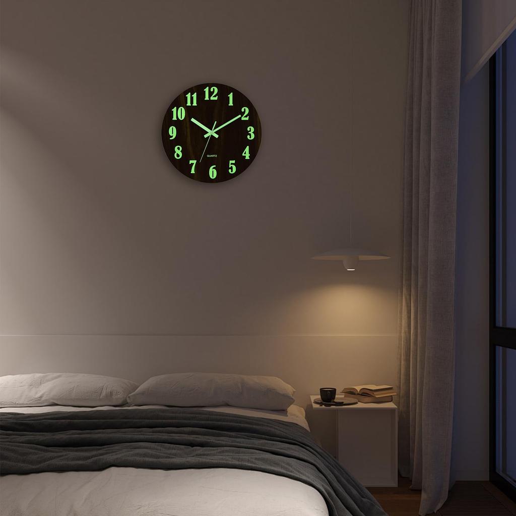 Wall Nordic Easy to Continuous Second 3D Simple 30cm Grain Clock, Luminous, Stylish, Silent, Style, Read, Fluorescent, Hand, Dial, Design, (Wood 2D)