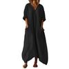 Women's Color V-neck 3/4 Sleeve Cotton Linen Loose Fitting Button Pocket Dress