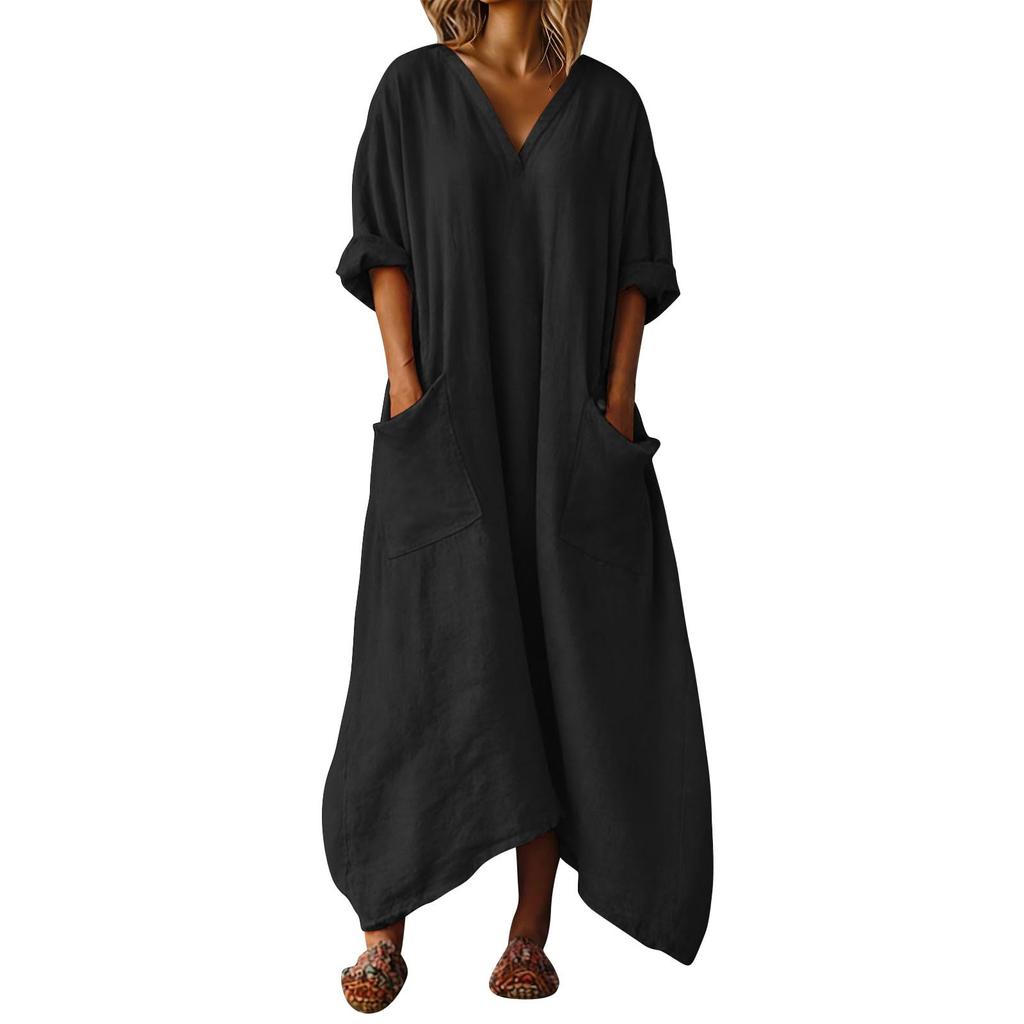 Women's Color V-neck 3/4 Sleeve Cotton Linen Loose Fitting Button Pocket Dress
