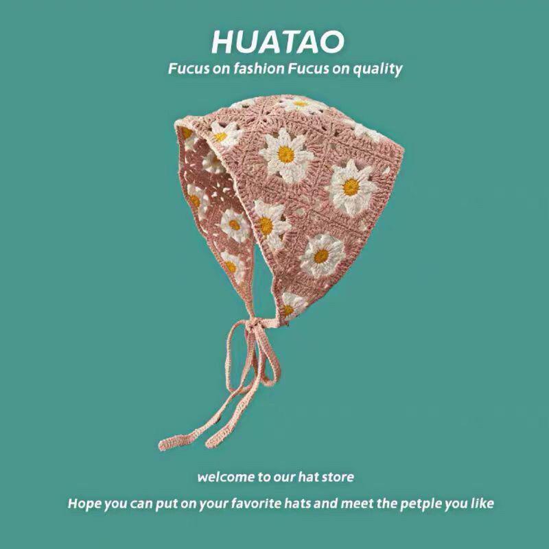Korean Style Knitted Crochet Triangle Scarf: Women's Sweet Flower Headscarf Hat
