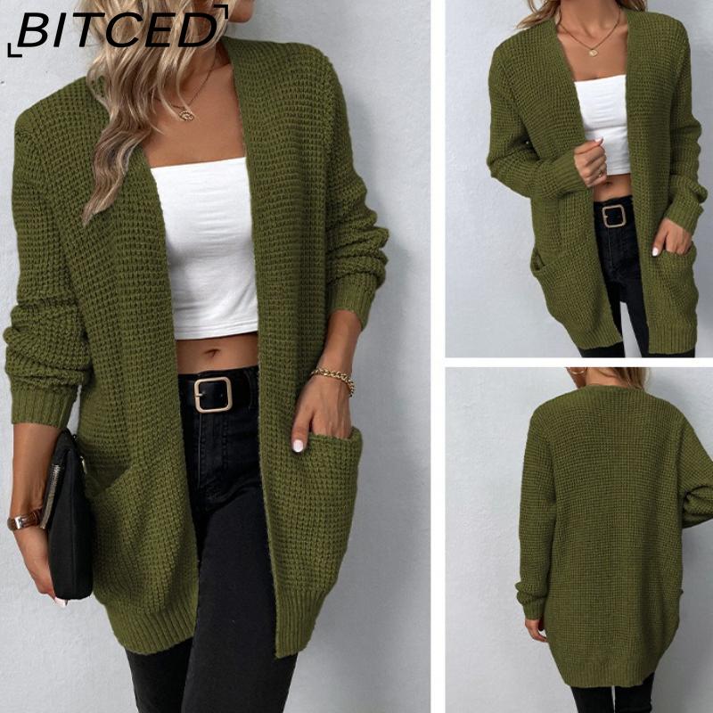 BITCED Autumn/Winter Women's Knitwear Solid-Colour Pocket Cardigan Sweater