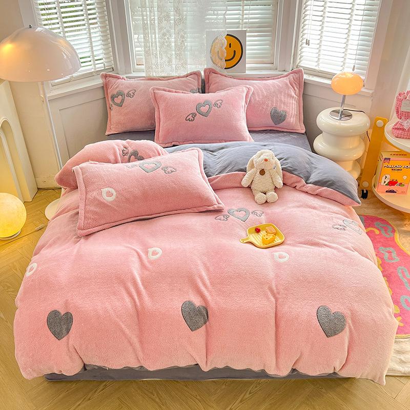 3Pcs Duvet Cover Set,1Pc Heart Print Thicken Winter Warm Duvet Cover with 2Pcs Pillowcases for Double Bed Funda Nordica Cama