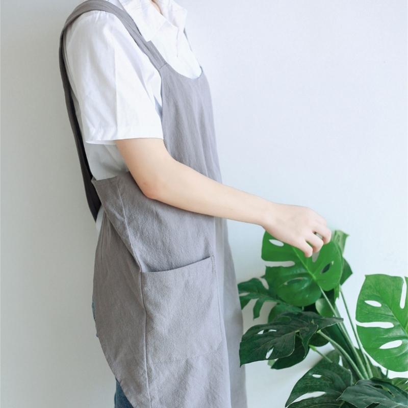 Women Cotton Linen Cross Back Apron with Pocket Simple Pattern Cotton Apron Comfortable Cotton Apron for Women Girl