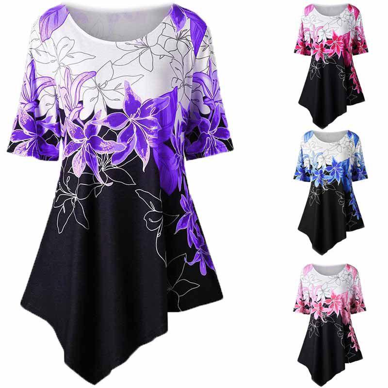 Modische Damen Asymmetrischer Saum Blumenprint T-Shirt Tunika Tops Für Alle Größen