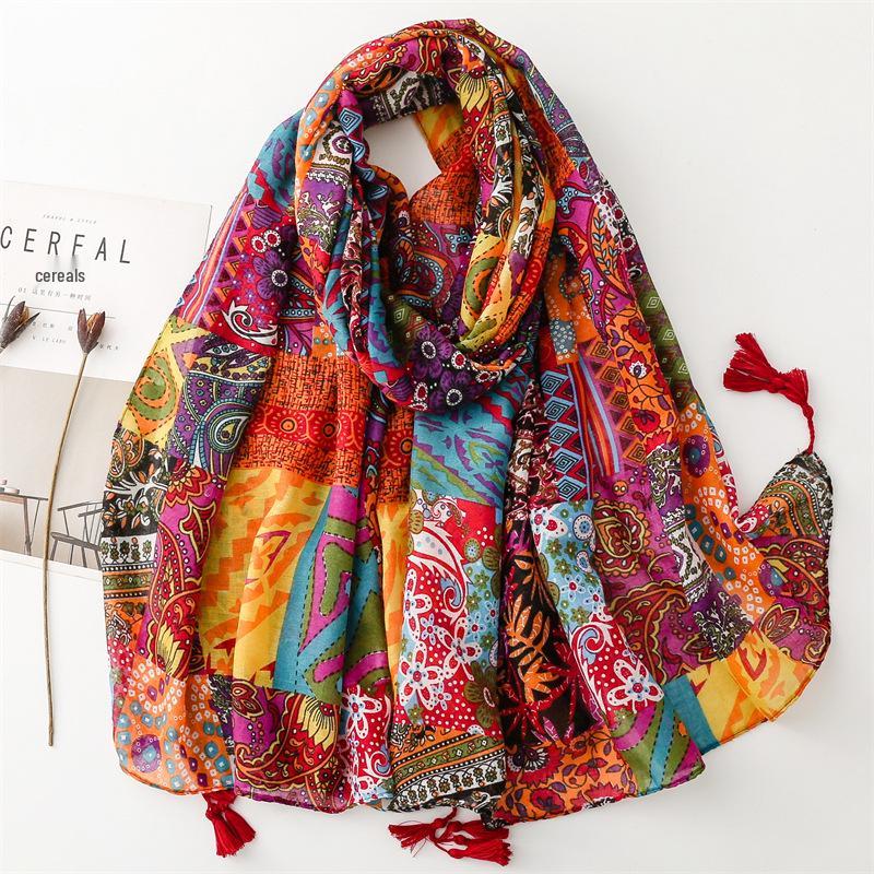 Bohemian Red Tassel Scarf - Ethnic Style Cotton-Linen Blend Shawl
