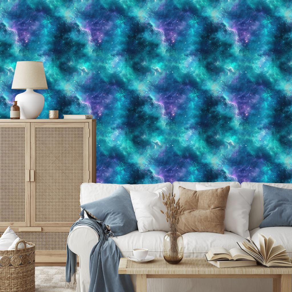 Watercolor Galaxy Wallpaper Turquoise, Blue and Navy Blue 50x1000