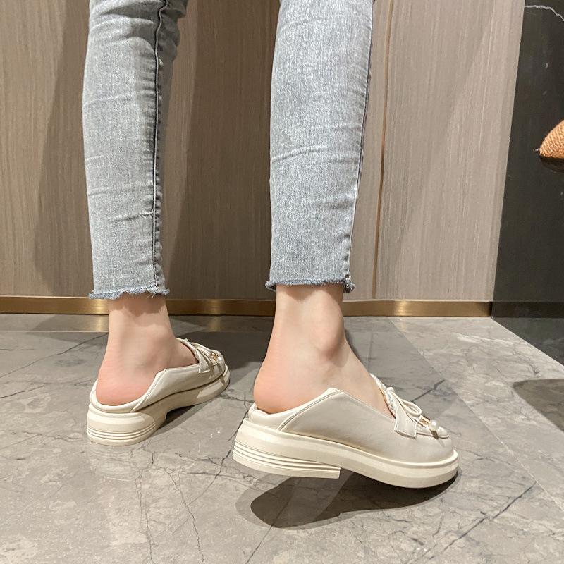 Kleine Lederschuhe Damenstil neue Slipper flache Schleife einzelne Schuhe große Größe 41-43