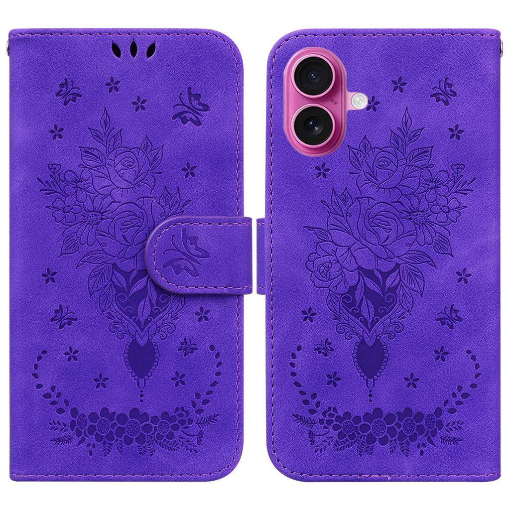 For iPhone 17 Case PU Leather Wallet Phone Cover Butterfly Flower Imprint with Strap